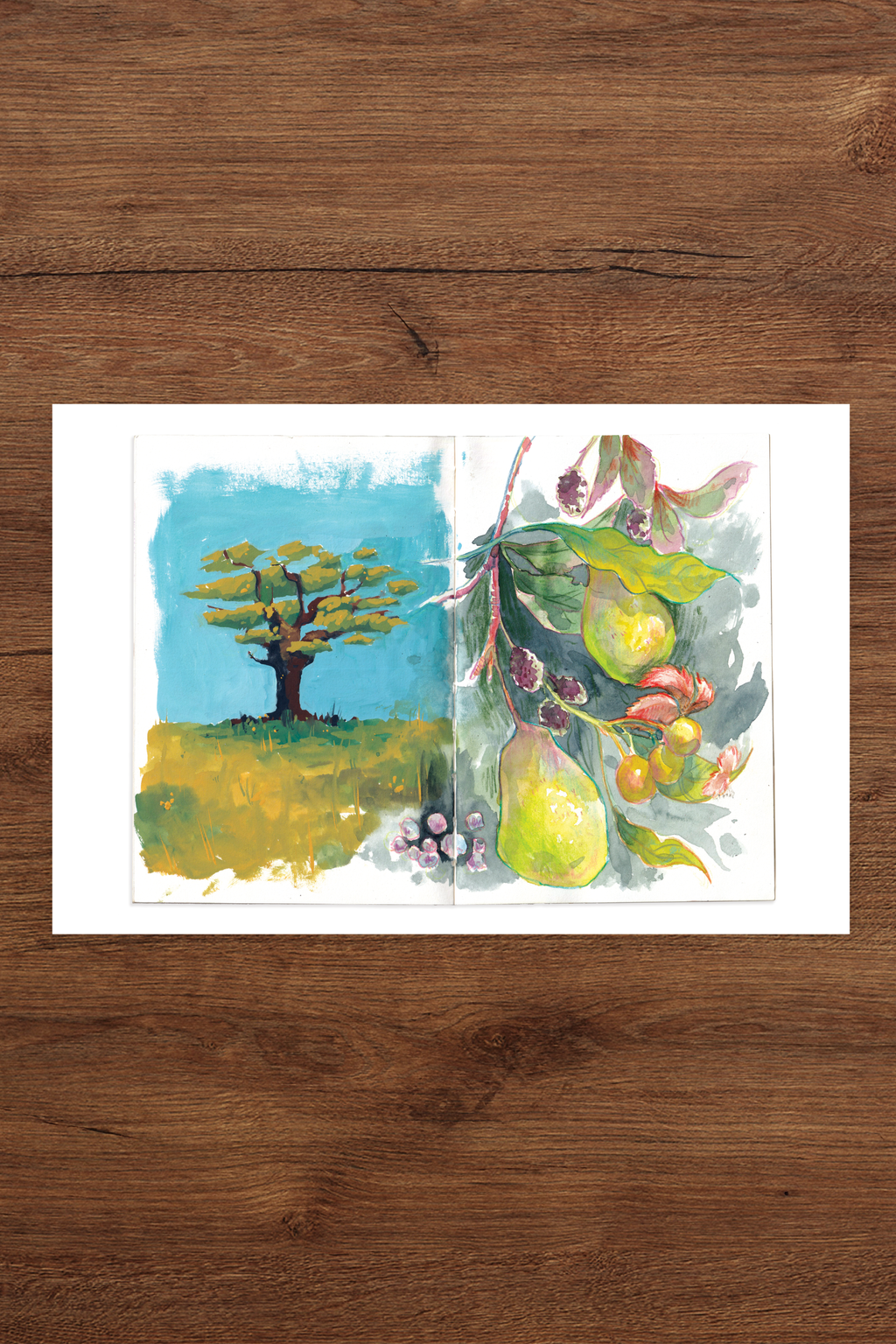 Tree and Pears Sketchbook Print -Original Gouache, Watercolour and Coloured Pencil Sketchbook Illustration